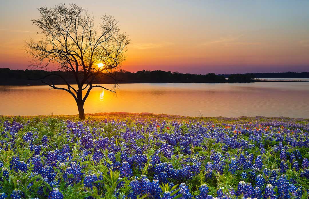 Sunset over water near RV park in TExas